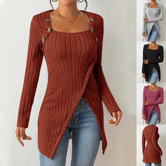 Square Collar Irregular Knitted Top With Button Design Fashion Solid Long-sleeved Long Top For Women Clothing - Velora