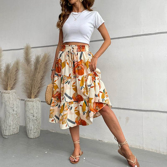 Women's Floral Tiered Midi Skirt Elastic Waist Dressy Casual A-line Flowy Boho Skirts - Velora