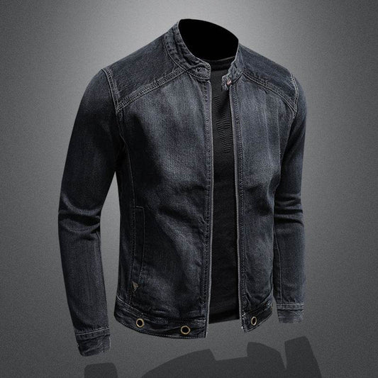 Men's Stand-up Collar Dark Blue Motorcycle Vintage Zipper Denim Coat - Velora