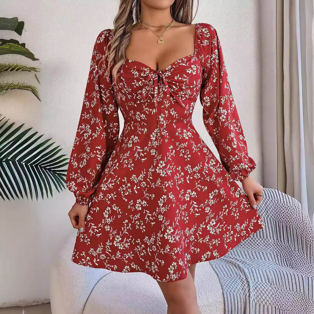 Fashion Floral Print Lantern Sleeve Dress Casual Sexy Tie Square Neck Long Sleeve A-Line Dress Women's Clothing - Velora