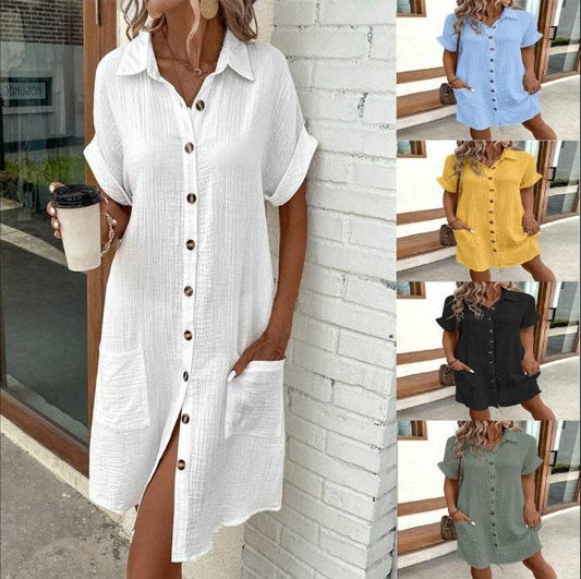 Summer Short Sleeve Shirt Dress Fashion Solid Color Single-breasted Mid-length Loose Dress - Velora
