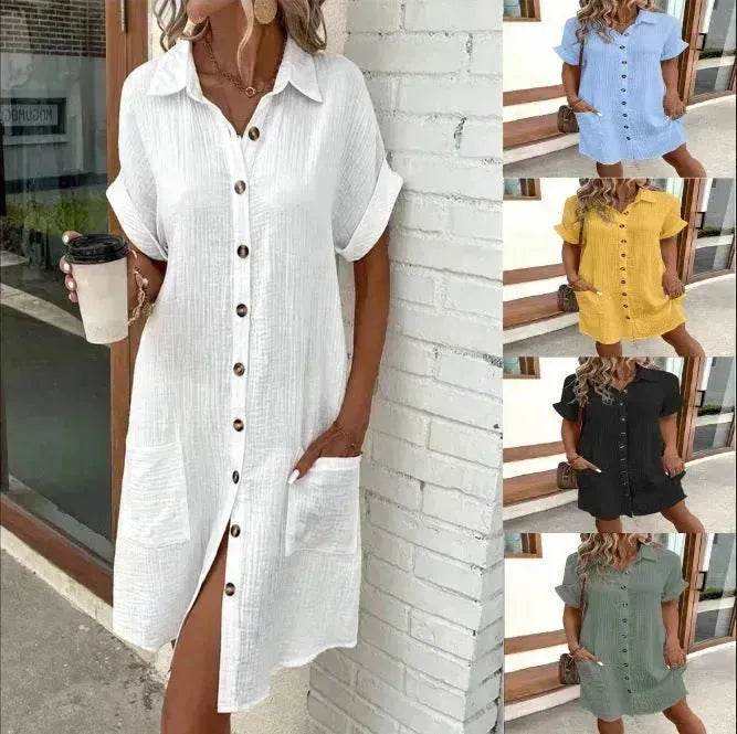 Womens Button Down Shirt Dress Summer Cotton Linen Dress V-Neck Mini Dress Casual Short Sleeve Loose Tunic Dresses - Velora