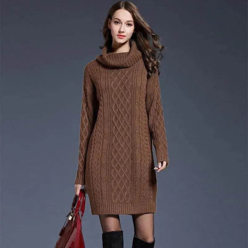 New Autumn Winter Solid Knitted Oversized Mini Turtleneck Sweater Dress - Velora