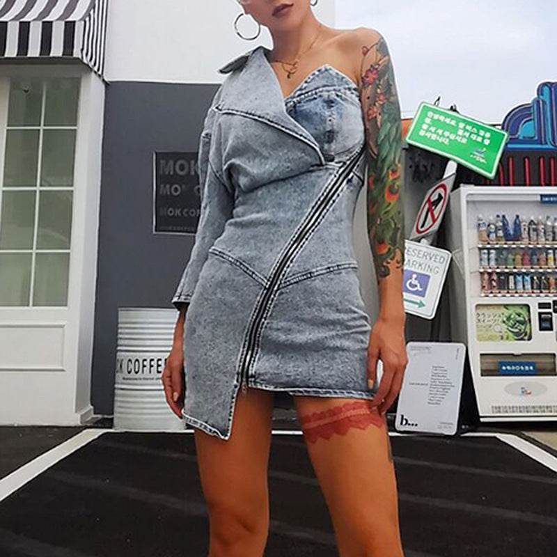 Street Fashion One shoulder Denim Mini Jeans hip dress - Velora