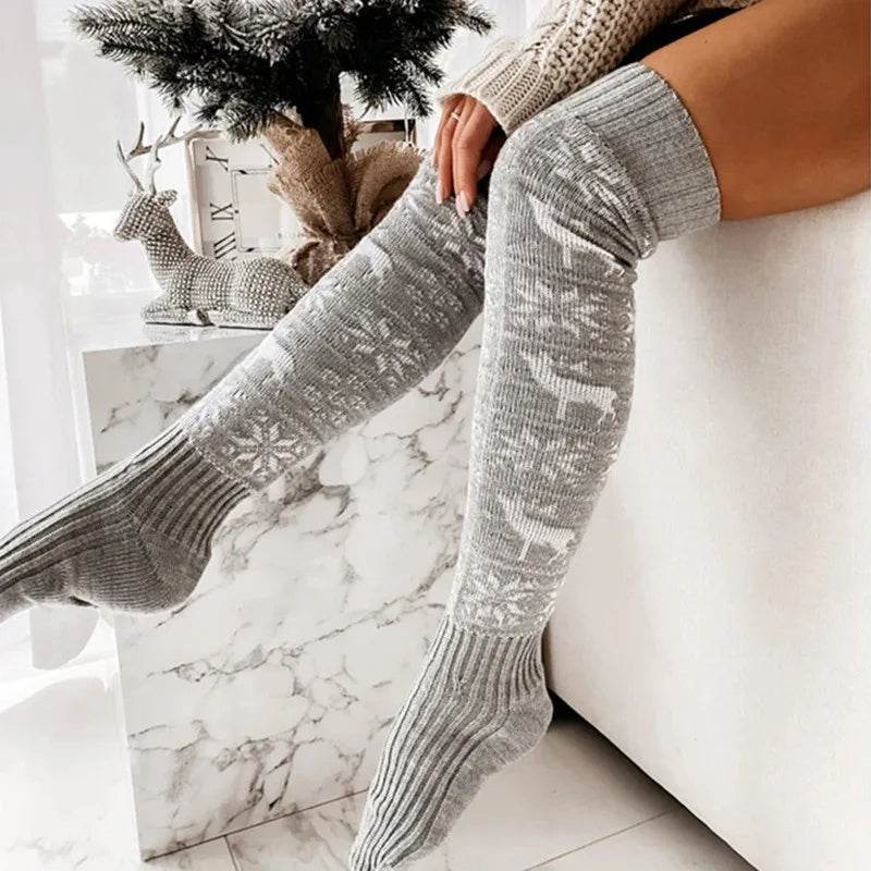 Winter Christmas Warm Knitted Women Stocking Beautiful Elk Snowflake Jacquard Over-the-knee Casual Long Socks For Ladies Gifts Free Size - Velora