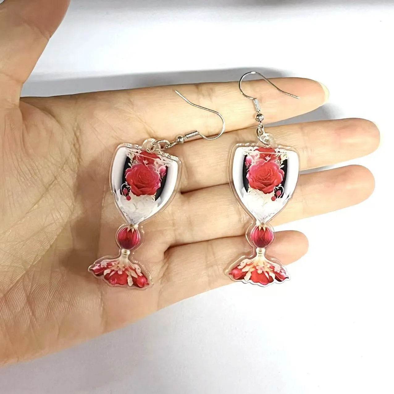 Valentine's Day Rose Wine Glass Acrylic Earrings - Velora