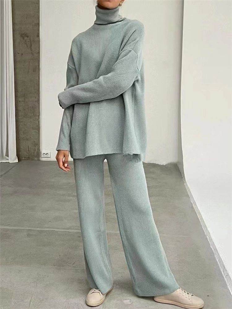 2 Pieces Women Sets Knitted Tracksuit Turtleneck Sweater - Velora
