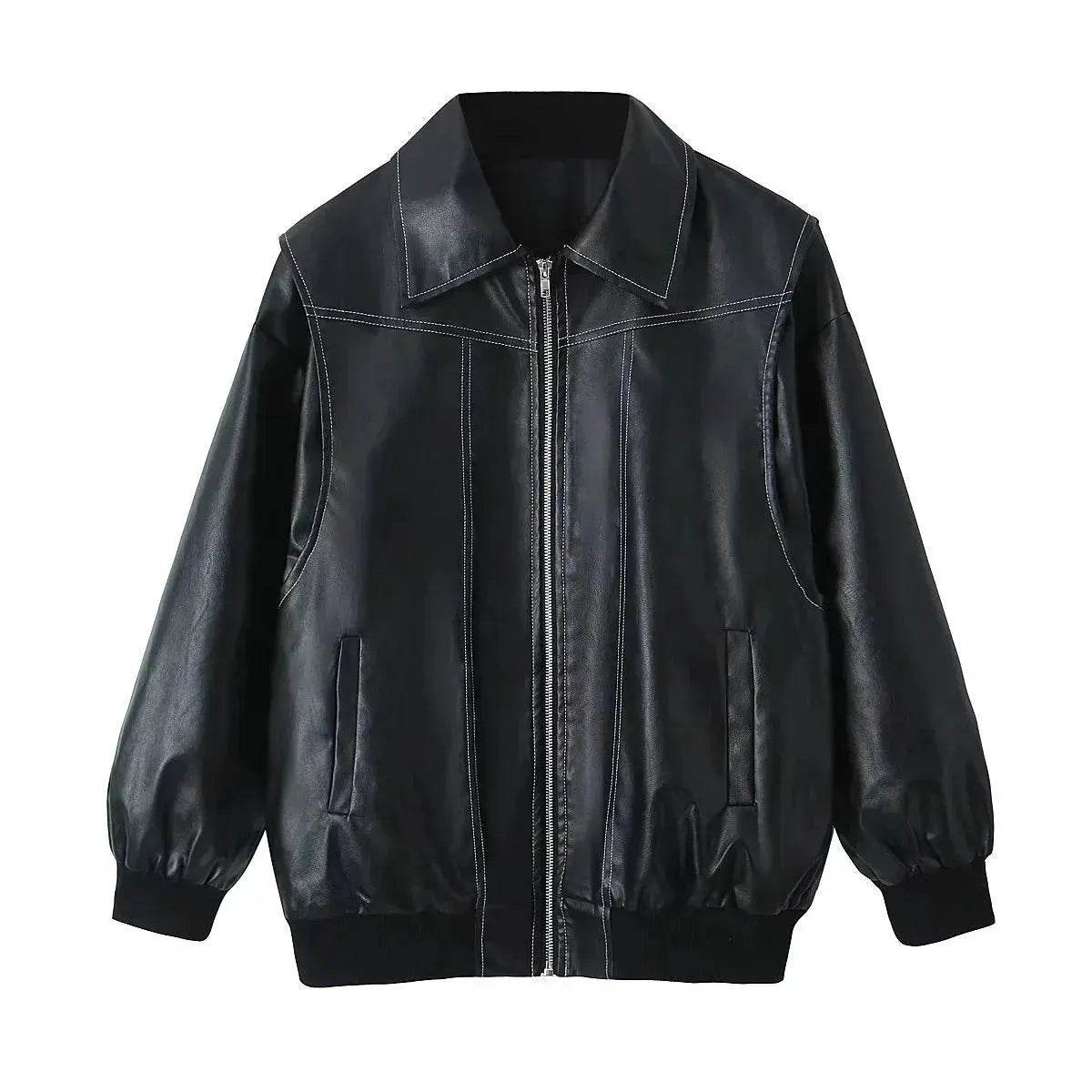 Oversized Fashion Zip-up Lapel Leather Jacket for women - Velora