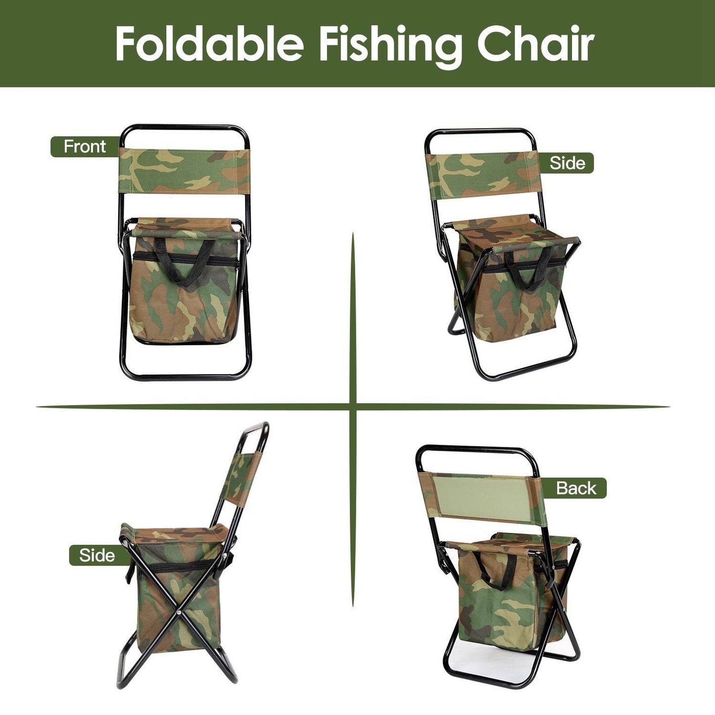 Foldable Fishing Chair With Backrest Built-In Cooler Bag Portable Handle Outdoor Lightweight Fishing Stool For Camping Hiking Hunting - Velora
