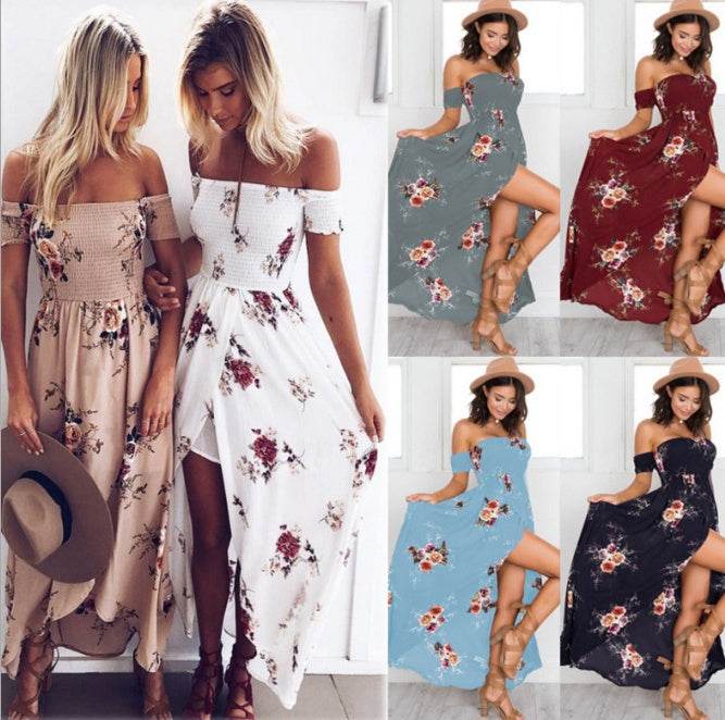 Elegant Ladies Summer Boho Vacation Resort Slit Maxi dress off shoulder Long floral Beach summer slit dress - Velora