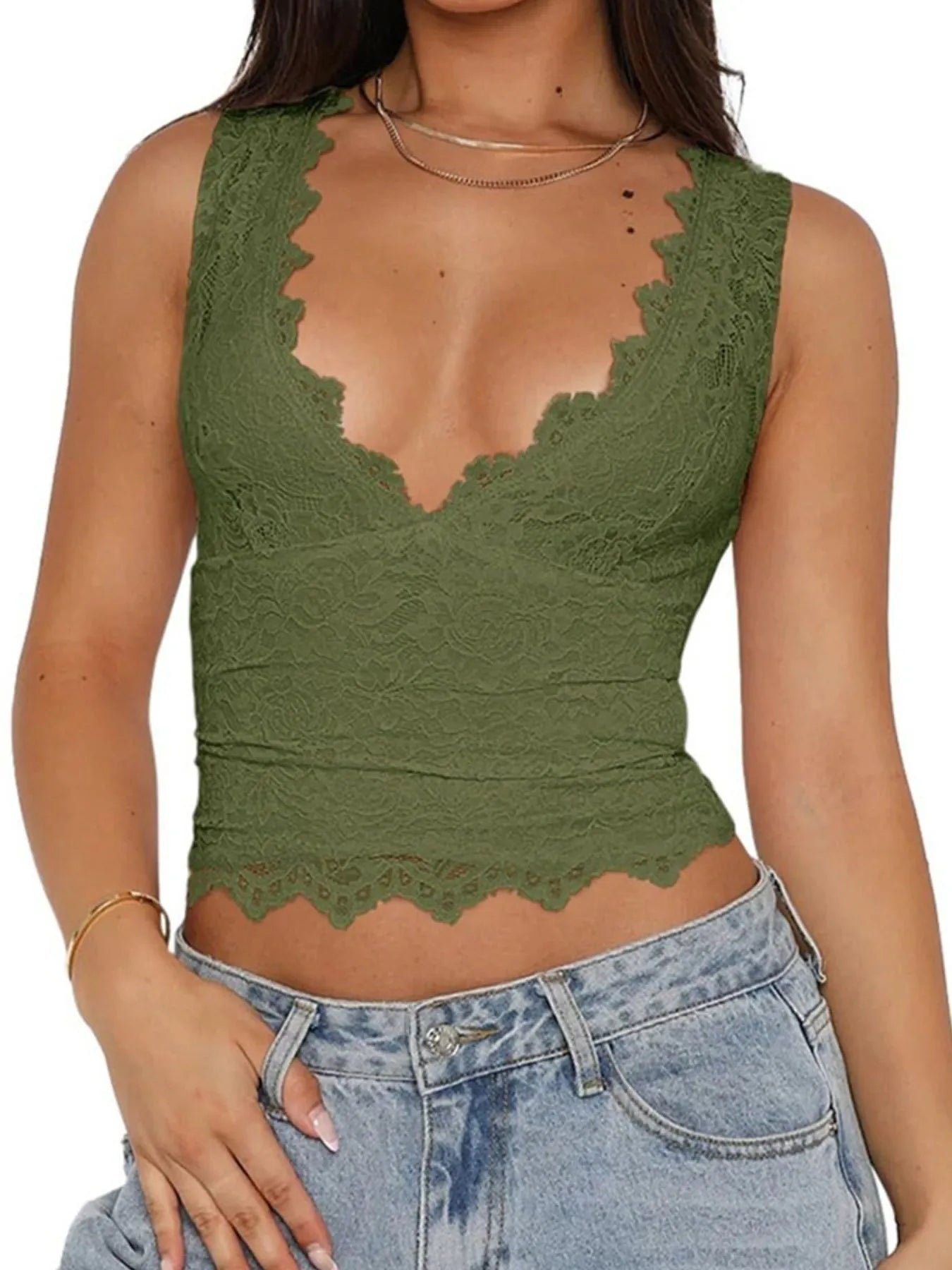 Lace V-Neck Cami Top with Scalloped Hem - Velora