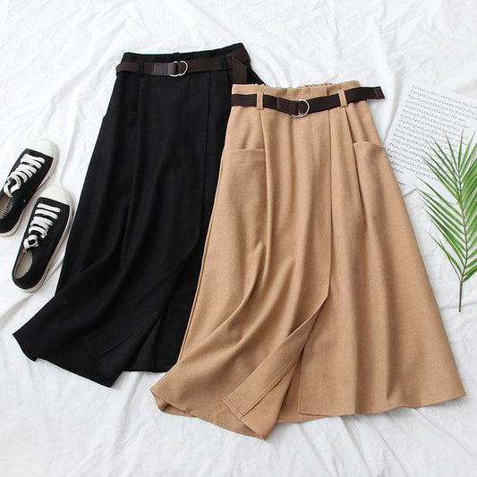 Solid Color Leisure Artistic Pocket High Waist Irregular flared Midi Skirt for work women - Velora