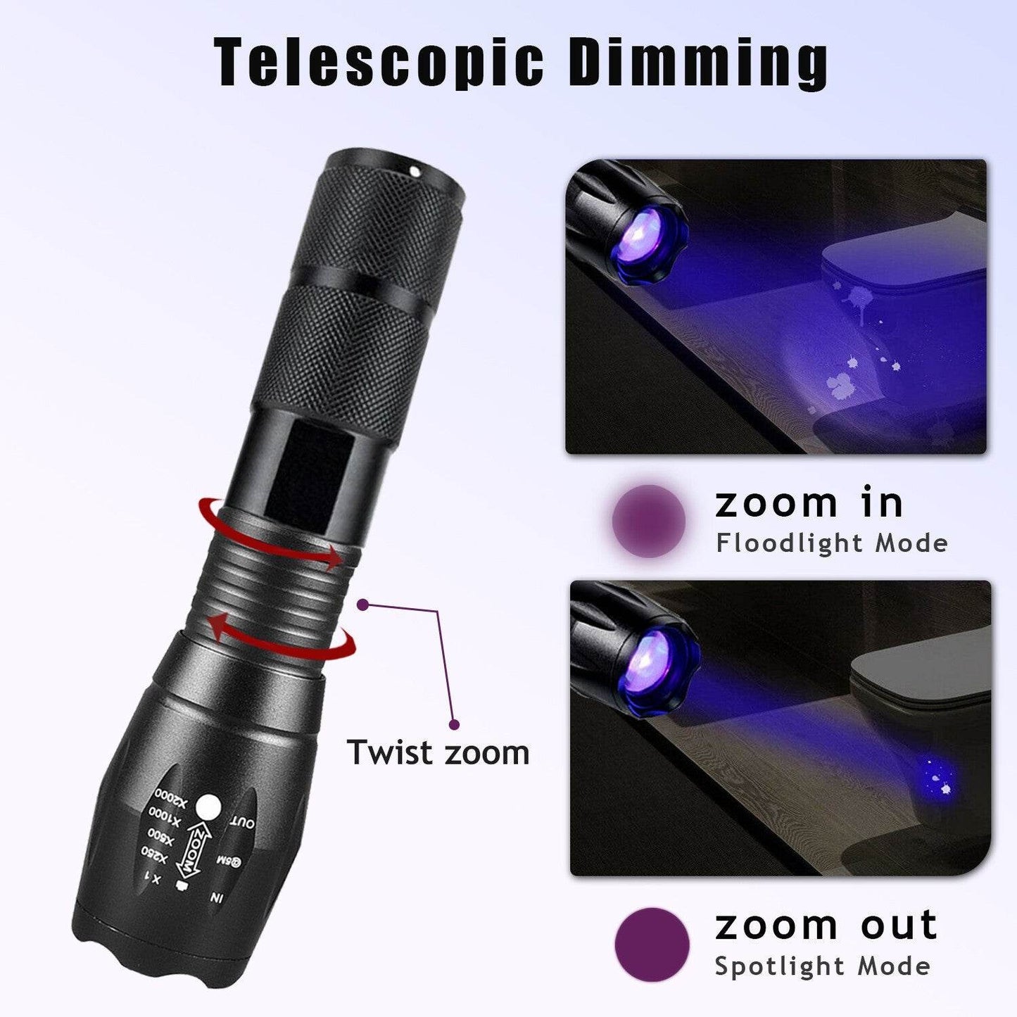 UV Torch Ultra Violet Flashlight Zoomable Blacklight Lamp LED Super Bright 250000lm 2 In 1 395nm Mini Pocket Inspection Light 2 Pack - Velora
