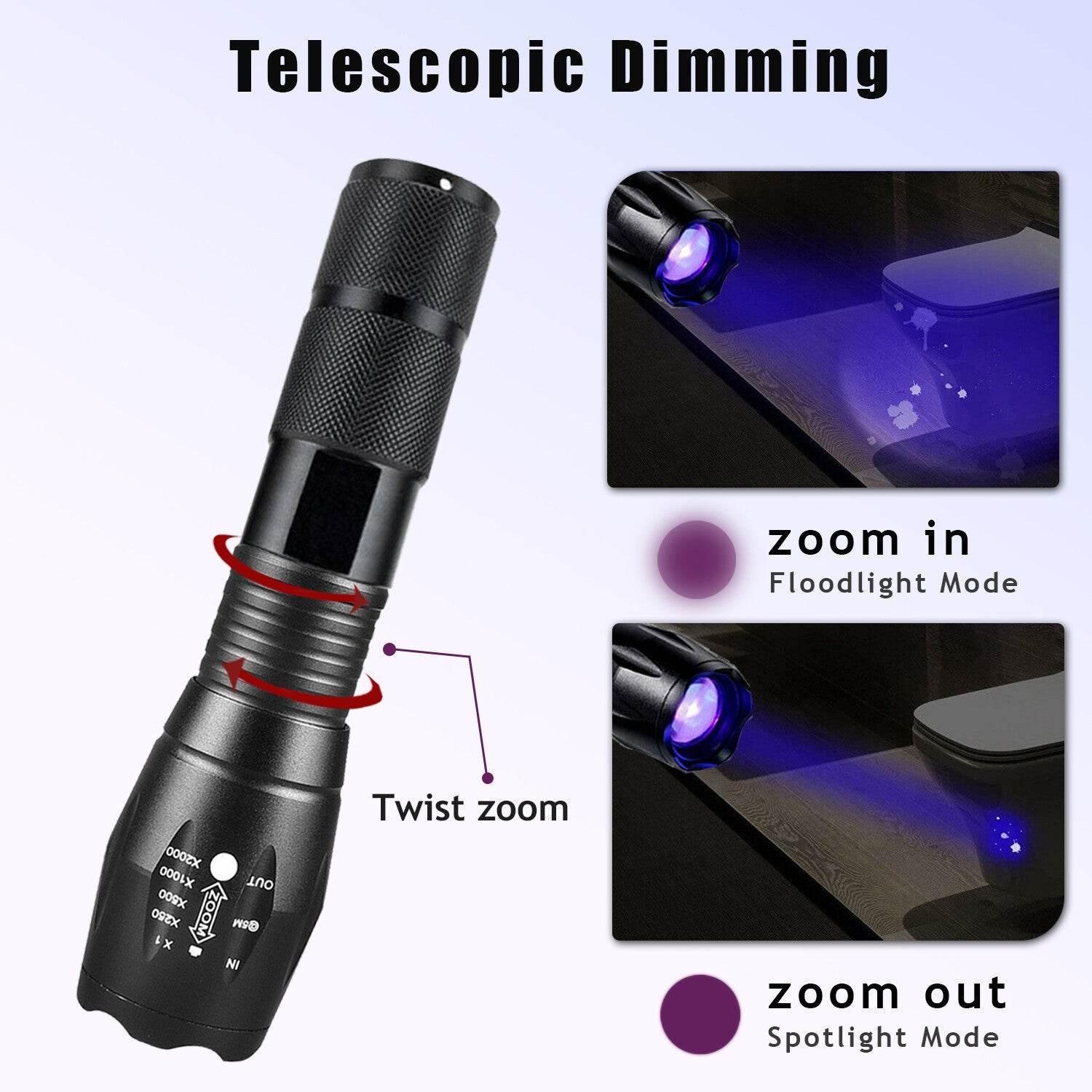 UV Torch Ultra Violet Flashlight Zoomable Blacklight Lamp LED Super Bright 250000lm 2 In 1 395nm Mini Pocket Inspection Light 2 Pack - Velora