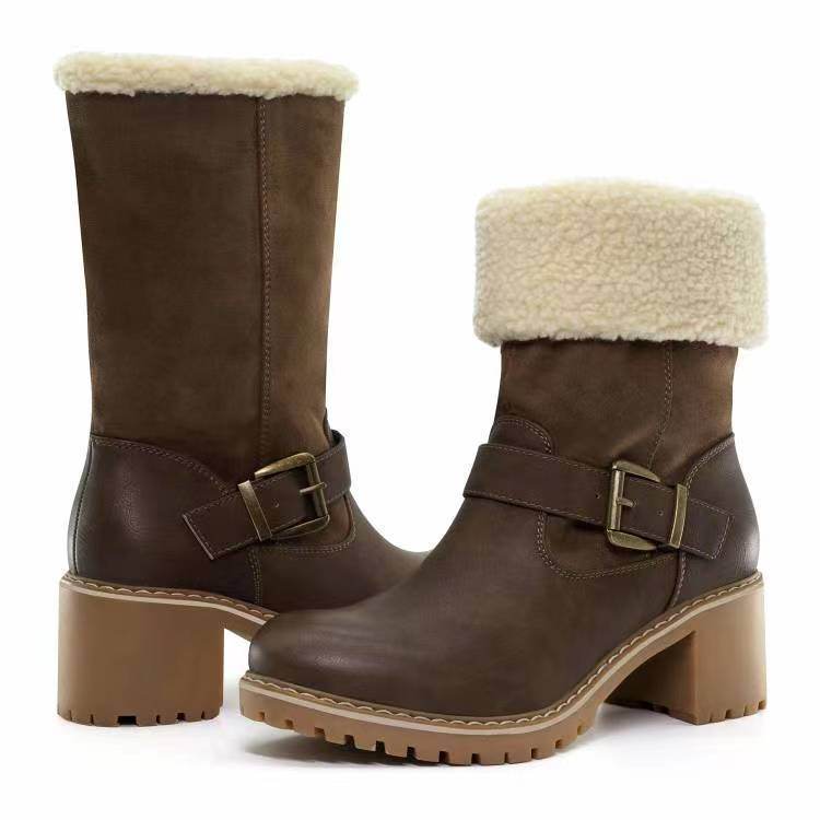 Fashion Boots With Buckle Chunky Heel Shoes Warm Winter Round Toe Western Boots For Women - Velora