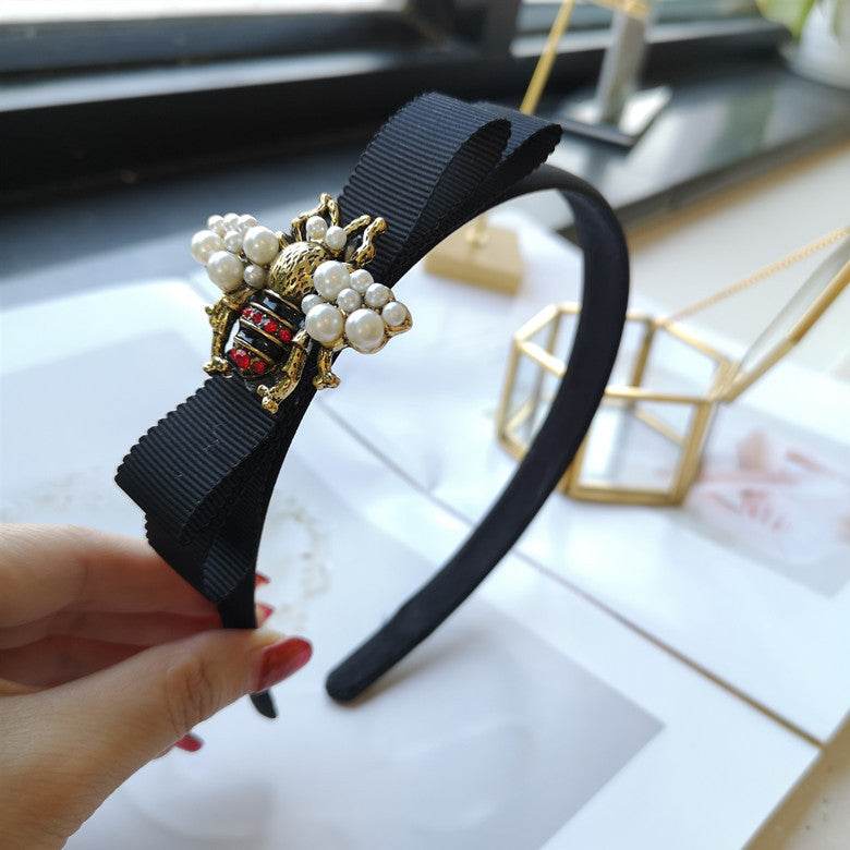 Fabric Bow Hair Band Bee Pearl Hairpin - Velora