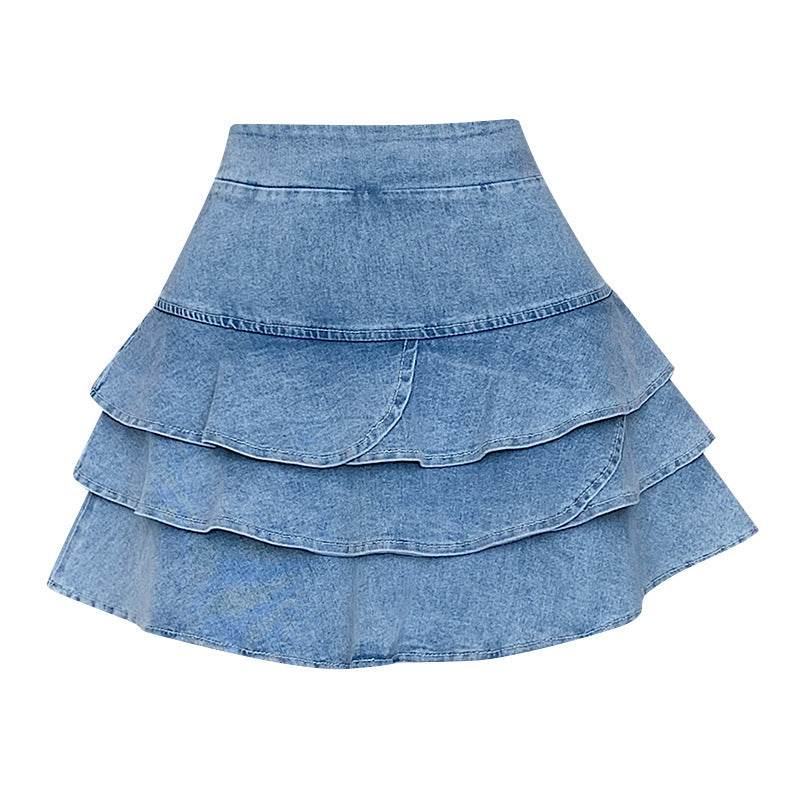 Elastic Jeans High Waist Layer Denim short mini flare skirt - Velora