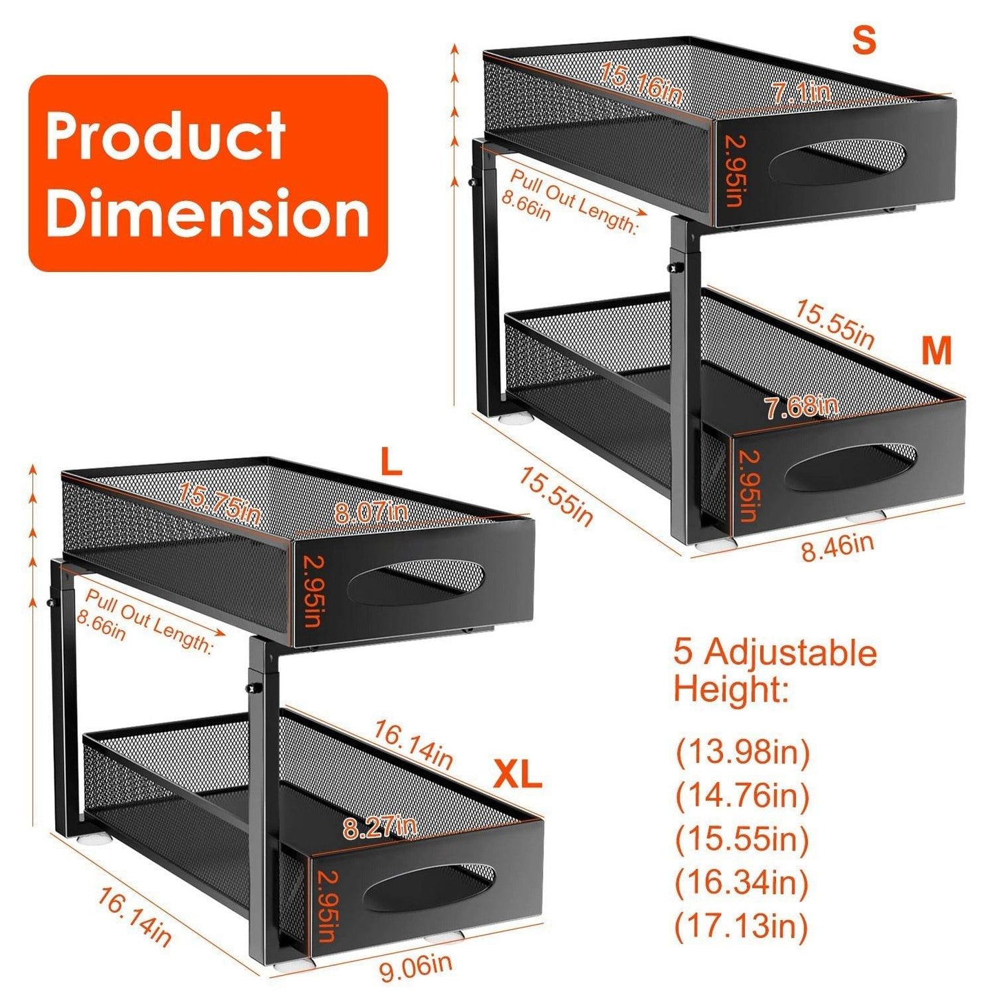 2Pcs Under Sink Organizer 2 Tier Pull Out Cabinet Baskets Storage Shelf Sliding Storage Drawers Rack With 5 Adjustable Height Mesh Baskets For Home Kitchen Bathroom Office - Velora