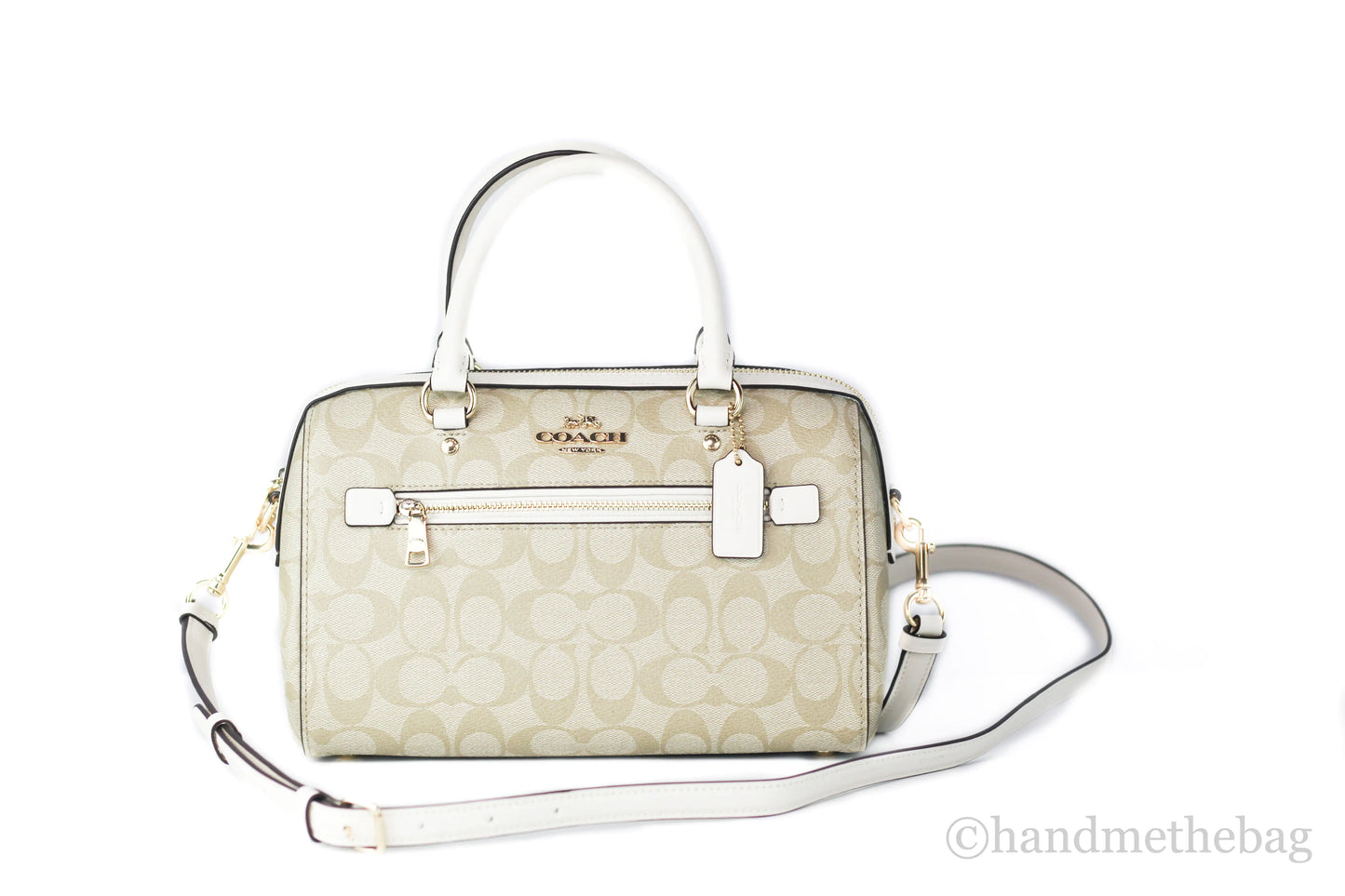 Coach (F83607) Rowan Signature Leather Light Khaki Chalk Medium Satchel Handbag Purse