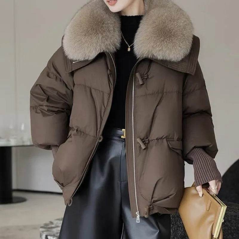 Women Cotton-padded Down Jacket Fur Collar Thick Puffer Winter Coat - Velora