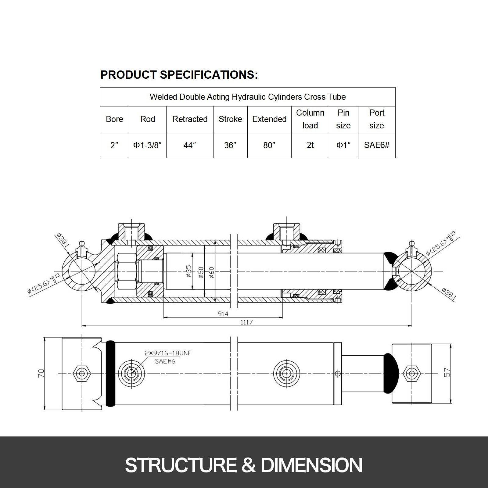 Hydraulic Cylinder 2 Bore 36 Stroke Hydraulic Ram Cylinder 3000psi Hydraulic Cylinders Welded Double Acting Cross Tube SAE6 Port Hydraulic Lifting Cylinder - Velora