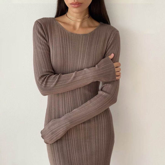 Sunken Stripe Waist-tight Hip Knitwear Dress Long Sleeve - Velora