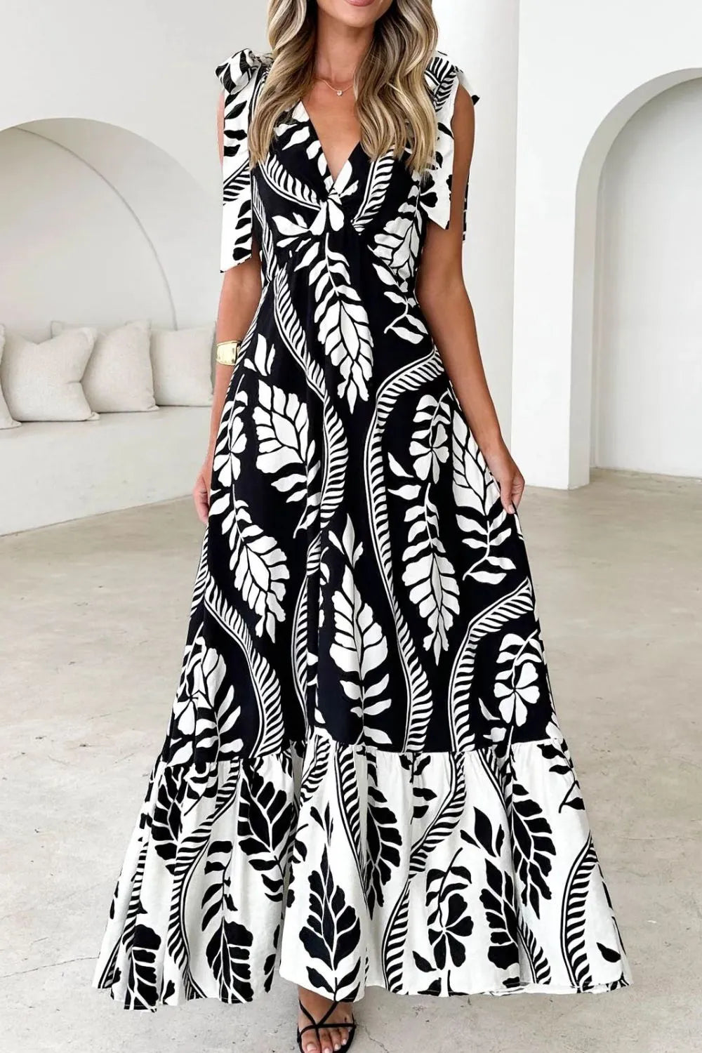 Printed V-Neck Tie Shoulder Midi Cami Dress - Velora