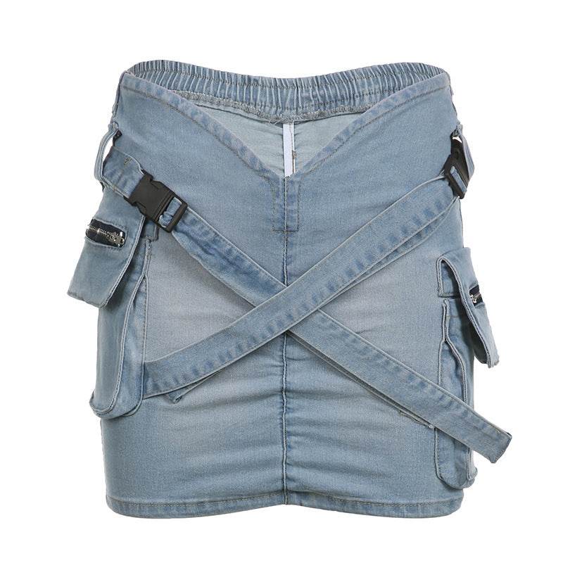 Cross School Bag Buckle V-shaped Waist Workwear Denim Mini Cargo Skirt - Velora