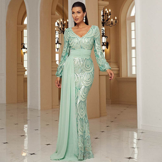 Long Sleeve Sexy Long Sequined V-neck Banquet Ribbon Evening Dress - Velora