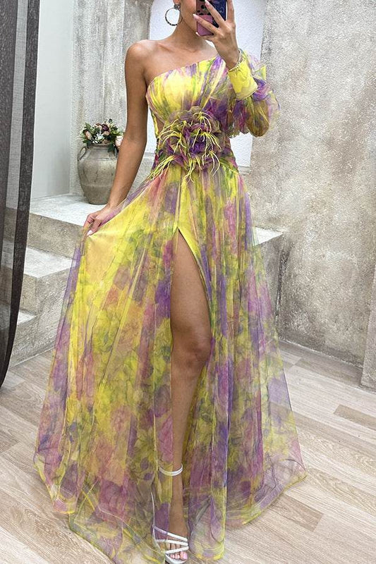 Mesh Tie-dye Printed Off-shoulder Slit Dress Summer INS Fashion Long Dress Party Womens Clothing - Velora