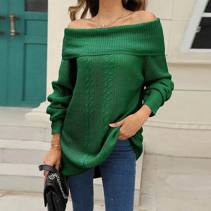 Lapel Loose Off shoulder Winter Knitted Tunic top - Velora