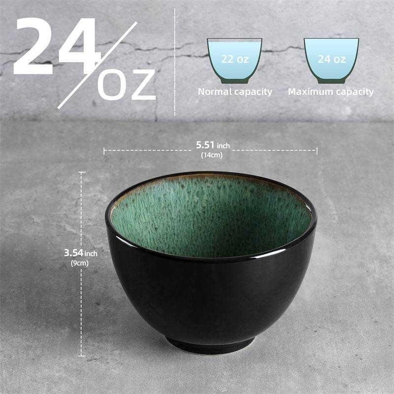 Creative Western Food  Kiln Change Peacock Green Bowl Pant 24oz Bowl Set Of 4 For Cereal, Salad, Pasta, Soup, Dessert, Serving Dishwasher, Microwave And Oven