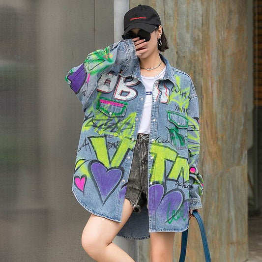 Oversized Graffiti Print Denim Jacket Women Loose Fried Street fashion - Velora