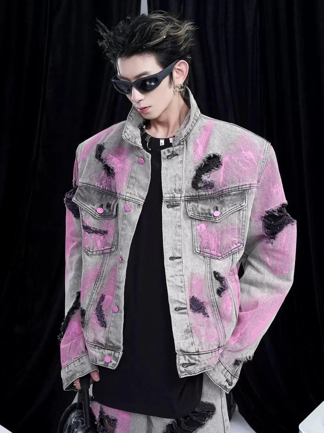 Men's Plus Size Graffiti Washed Button Up Denim Jacket - Velora