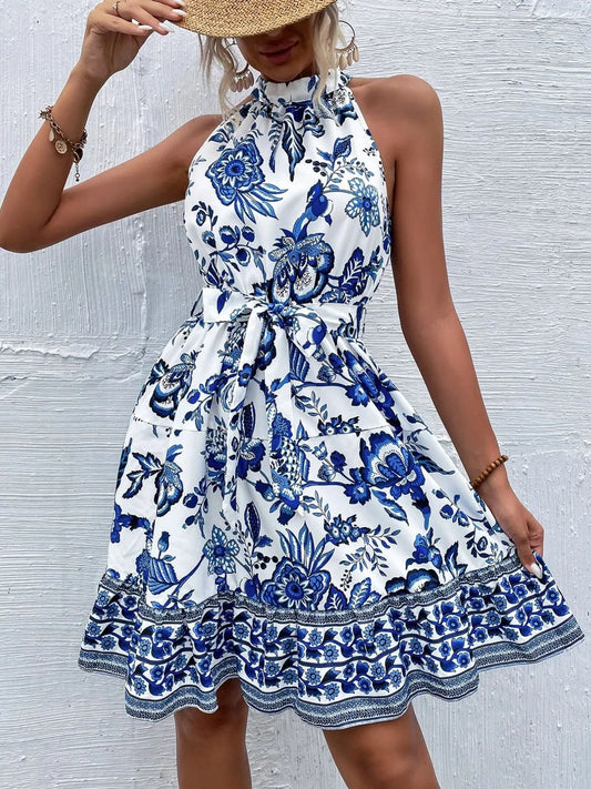 Floral Halter Neck Summer Dress with Belt - Velora
