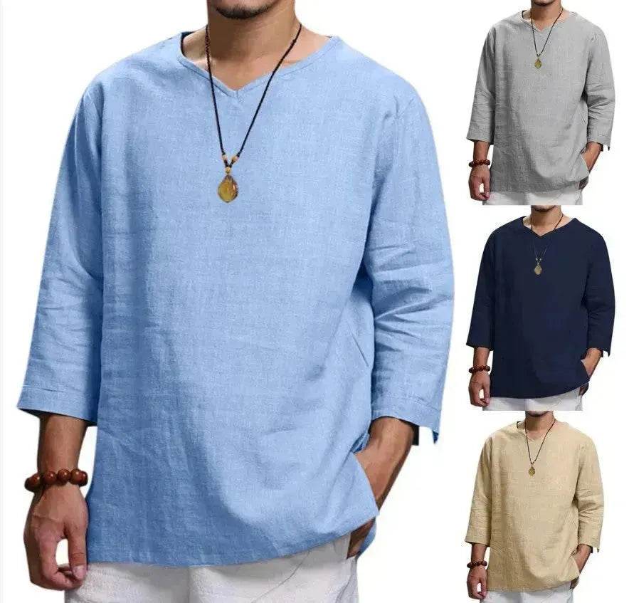 Loose Casual V-neck Top Cotton And Linen Long Sleeve Pullover Shirt Men's Shirt Top - Velora