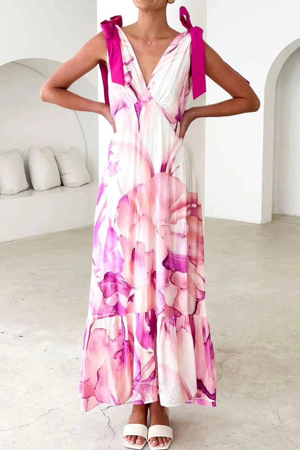 Printed V-Neck Tie Shoulder Midi Cami Dress - Velora