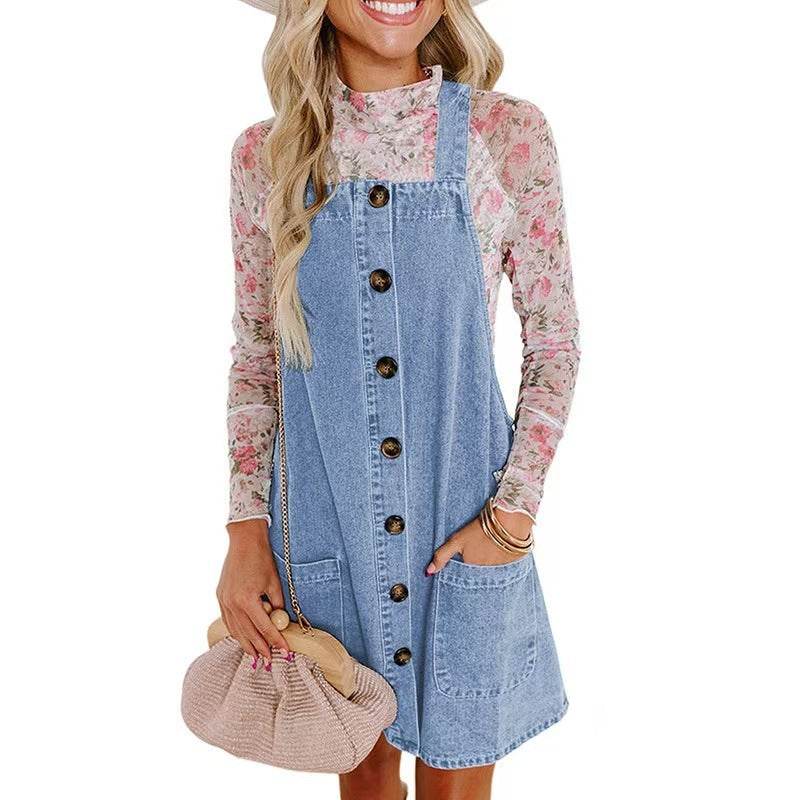 Loose Mini Denim Brace Jeans Jumper Dress - Velora