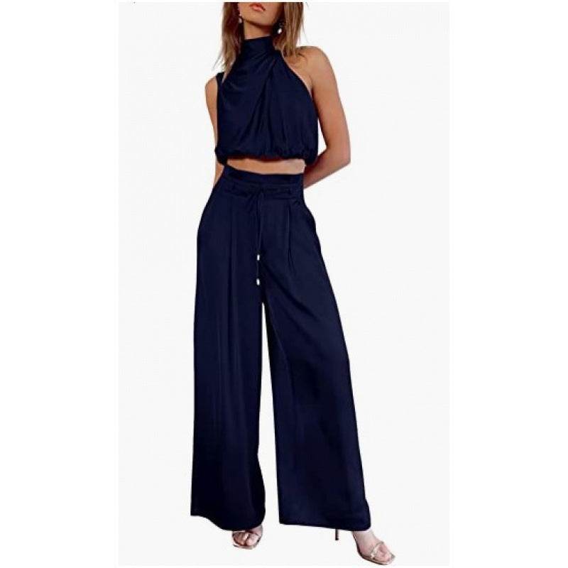 Summer Suits Casual Sleeveless Midriff-baring Top And Wide Leg Pants 2pcs Set Womens Clothing - Velora