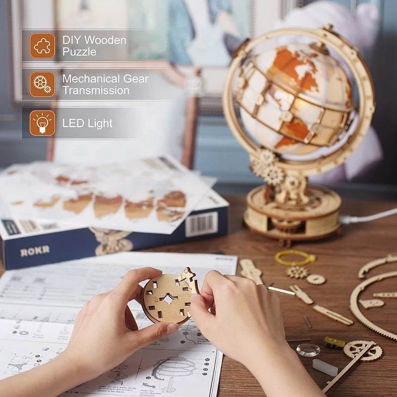 Robotime ROKR Luminous Globe 3D Wooden Puzzle Games Assemble Model Buliding Kits Toys Gift - Velora