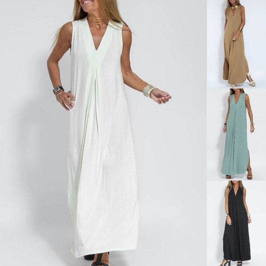 New Solid Color V-neck Sleeveless Dress Long Cardigan Jacket Suit For Women - Velora