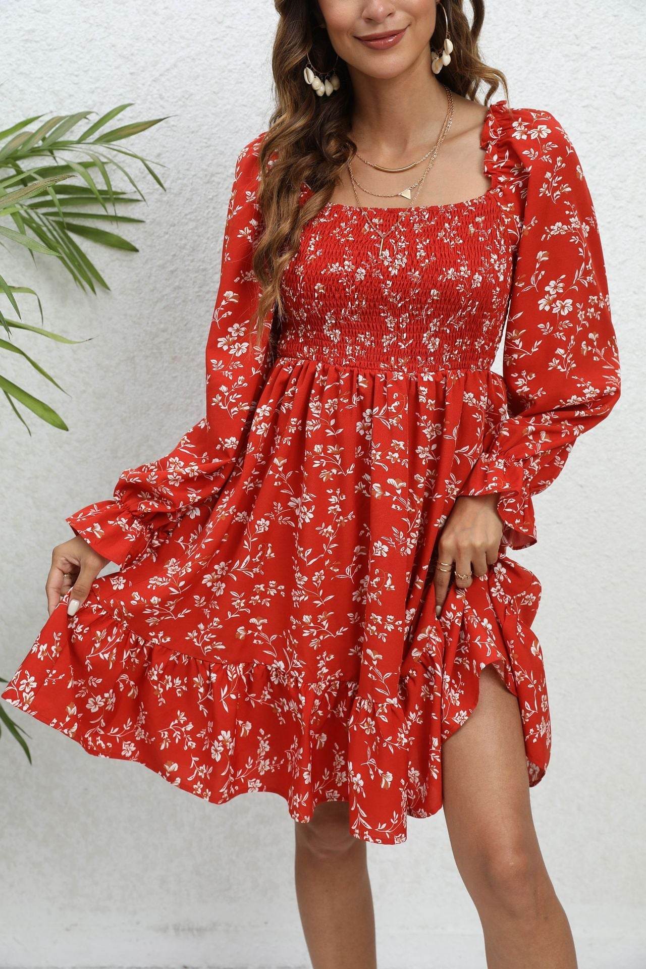 Casual Spring And Summer lantern Sleeve floral Mini Dress - Velora