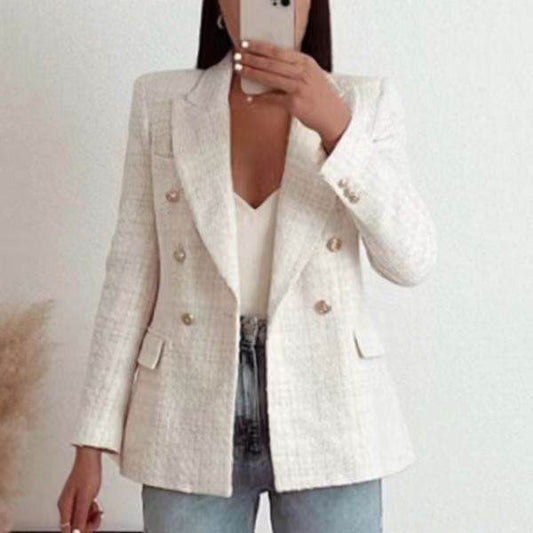 Classy Urban Women Textured Double Breasted Tweed Blazer - Velora