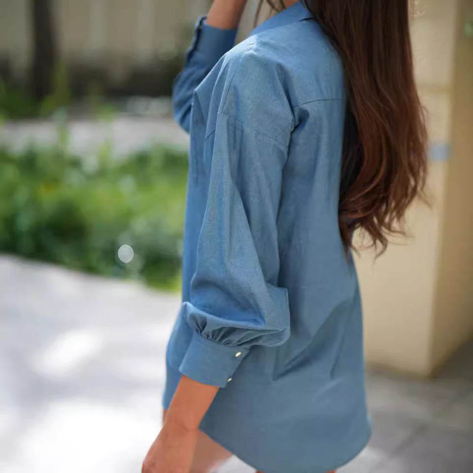 Classy Button Long Sleeve Simple Blouse Shirt women shirt dress - Velora