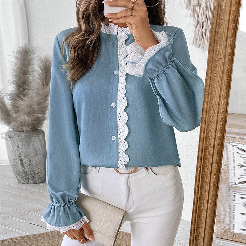 Elegant Single-breasted button Blue Shirt For Women - Velora