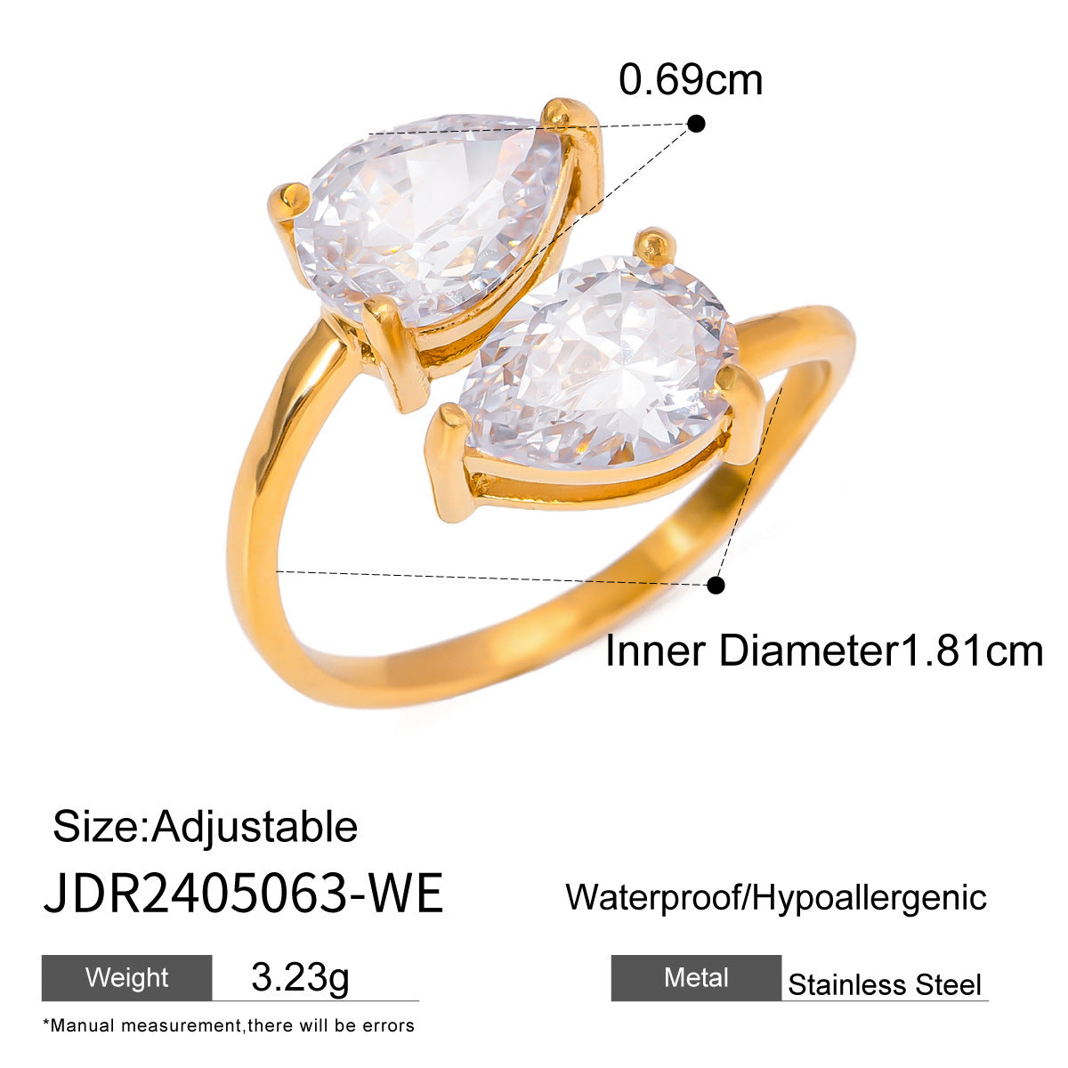 18K Gold Stainless Steel Open-end Zircon Ring High-grade Ins