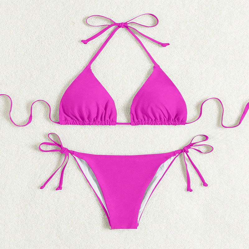 Pure Color Tied Halter Bikini Swimsuit - Velora