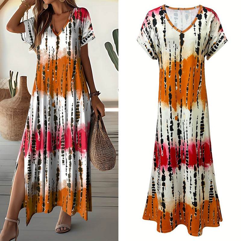 Women's Summer Tie Dye Maxi Dress Short Sleeve V Neck Casual Loose Long Split Dresses - Velora