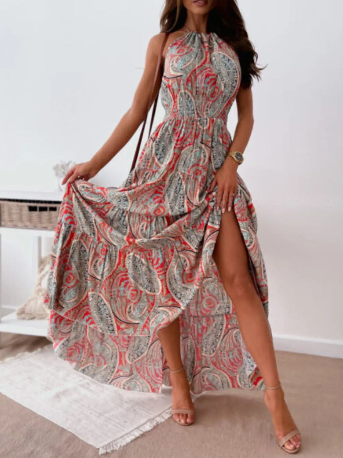 Printed Halter Neck Maxi Dress - Velora