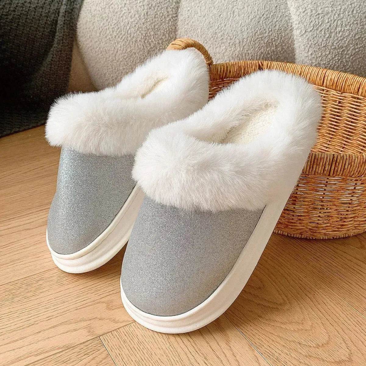 Fashion Frosted Sequined Plush Slippers Winter Warm Home Indoor Non-slip Bedroom Floor Fuzzy Slipper For Couple Women House Shoes - Velora
